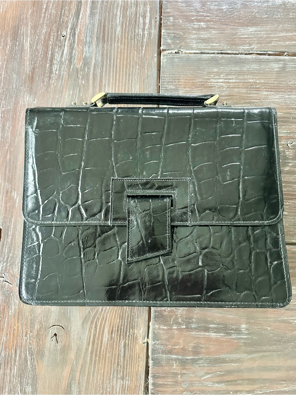 Vintage Black Croc-Embossed Faux Leather Top-Handle Bag Briefcase